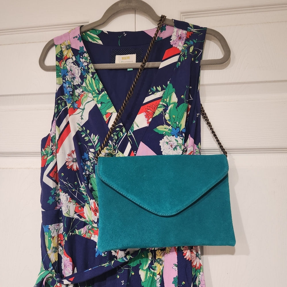 J Crew Blue Suede Chain Clutch Purse
